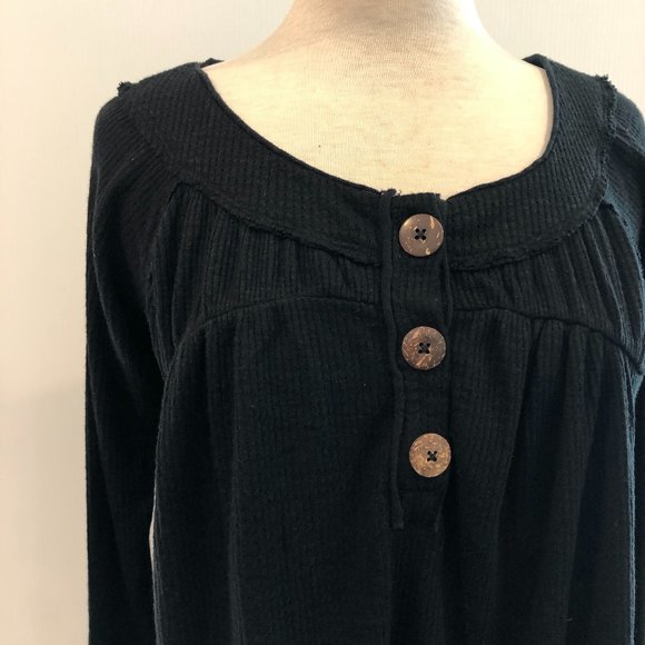 Free People Button Ribbed Oversize Black Shirt Top - Picture 2 of 8